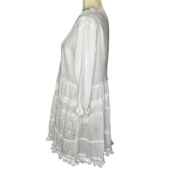 Me 2 Magic Mini Dress XL Cotton White Eyelet Lace Tassel Boho Prairie Beachy - Picture 6 of 12
